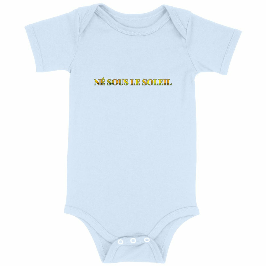 Body bébé cadeau naissance original — Né sous le soleil caribéen — Vêtement bébé coton - face_bleu